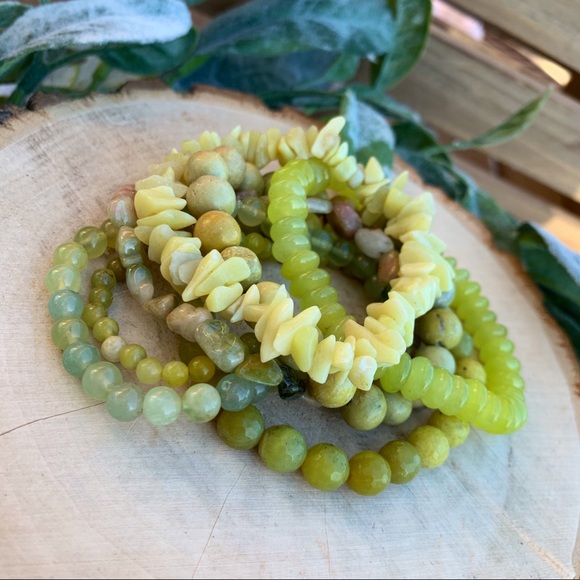 Natural Yellow Turquoise, Green Serpentine & Jade Gemstone Mixed Bead Bracelets - Picture 6 of 8